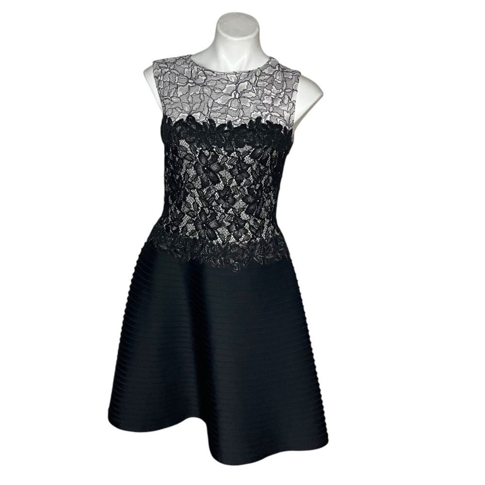TADASHI SHOJI Dress Lace Overlay Bodice Solid Pintuck Skirt Fit & Flare Size 10